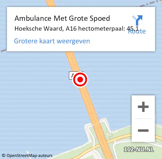 Locatie op kaart van de 112 melding: Ambulance Met Grote Spoed Naar Hoeksche Waard, A16 hectometerpaal: 45,1 op 23 november 2024 01:12