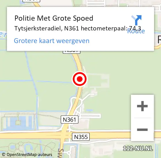 Locatie op kaart van de 112 melding: Politie Met Grote Spoed Naar Tytsjerksteradiel, N361 hectometerpaal: 74,3 op 23 november 2024 02:20