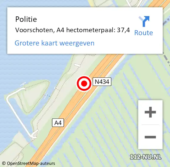 Locatie op kaart van de 112 melding: Politie Voorschoten, A4 hectometerpaal: 37,4 op 23 november 2024 04:22