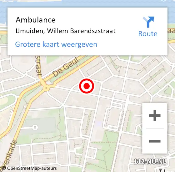 Locatie op kaart van de 112 melding: Ambulance IJmuiden, Willem Barendszstraat op 23 november 2024 05:29