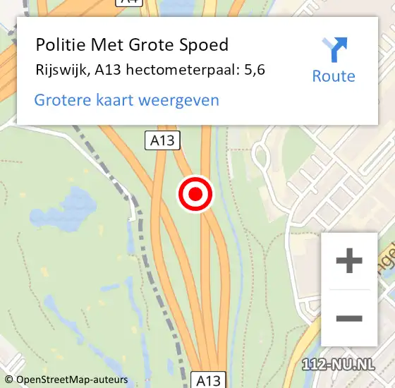 Locatie op kaart van de 112 melding: Politie Met Grote Spoed Naar Rijswijk, A13 hectometerpaal: 5,6 op 23 november 2024 05:31