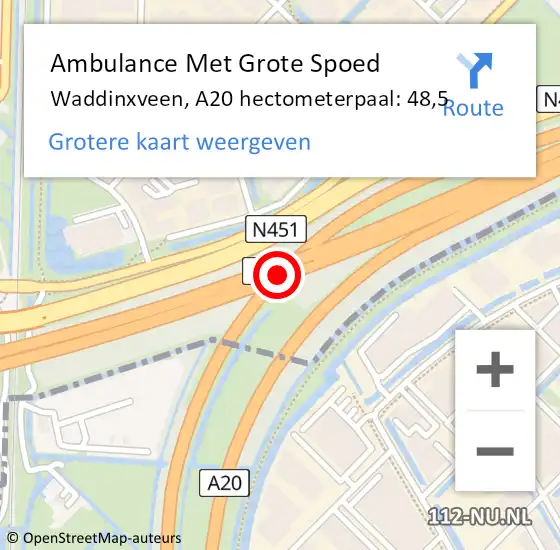 Locatie op kaart van de 112 melding: Ambulance Met Grote Spoed Naar Waddinxveen, A20 hectometerpaal: 48,5 op 23 november 2024 05:34