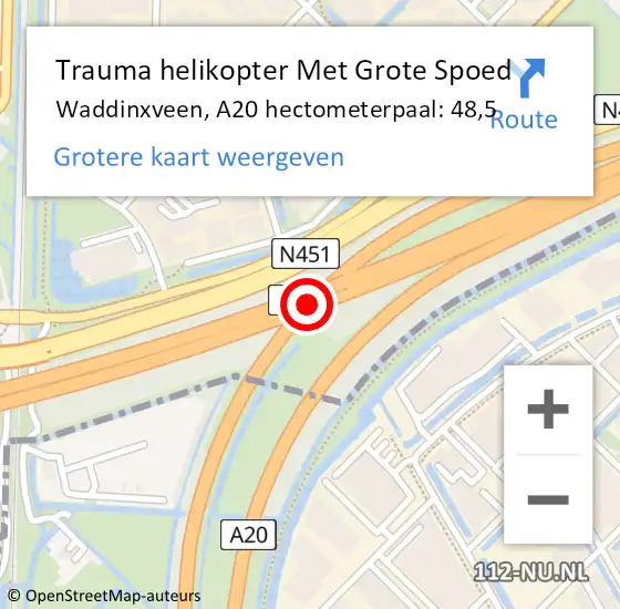 Locatie op kaart van de 112 melding: Trauma helikopter Met Grote Spoed Naar Waddinxveen, A20 hectometerpaal: 48,5 op 23 november 2024 05:35