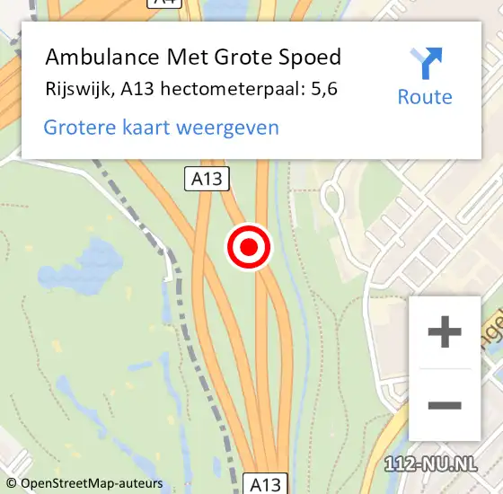 Locatie op kaart van de 112 melding: Ambulance Met Grote Spoed Naar Rijswijk, A13 hectometerpaal: 5,6 op 23 november 2024 05:35