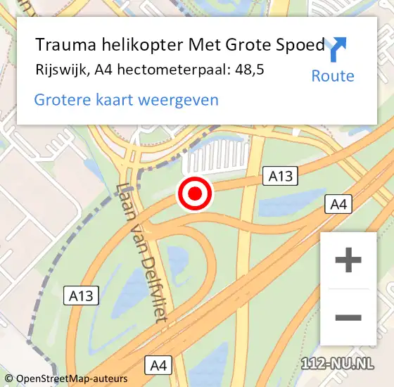 Locatie op kaart van de 112 melding: Trauma helikopter Met Grote Spoed Naar Rijswijk, A4 hectometerpaal: 48,5 op 23 november 2024 05:38