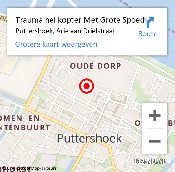 Locatie op kaart van de 112 melding: Trauma helikopter Met Grote Spoed Naar Puttershoek, Arie van Drielstraat op 23 november 2024 08:01