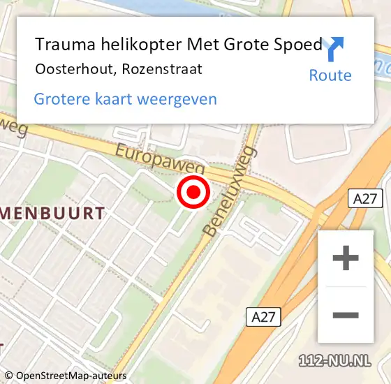 Locatie op kaart van de 112 melding: Trauma helikopter Met Grote Spoed Naar Oosterhout, Rozenstraat op 23 november 2024 10:01