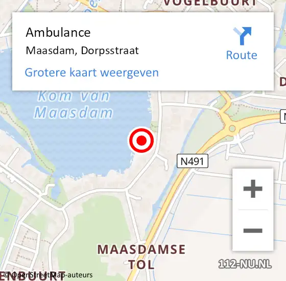 Locatie op kaart van de 112 melding: Ambulance Maasdam, Dorpsstraat op 23 november 2024 10:06