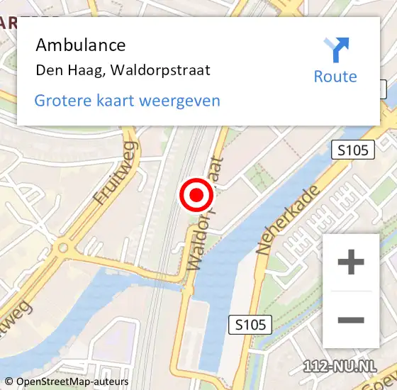 Locatie op kaart van de 112 melding: Ambulance Den Haag, Waldorpstraat op 23 november 2024 11:10