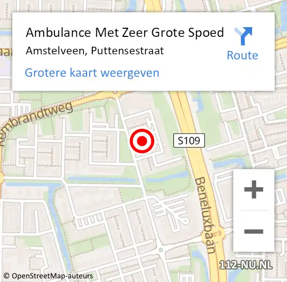 Locatie op kaart van de 112 melding: Ambulance Met Zeer Grote Spoed Naar Amstelveen, Puttensestraat op 23 november 2024 11:20