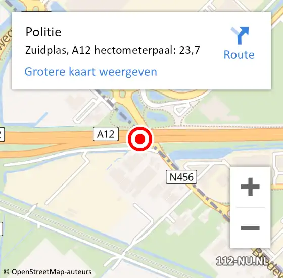 Locatie op kaart van de 112 melding: Politie Zuidplas, A12 hectometerpaal: 23,7 op 23 november 2024 12:43