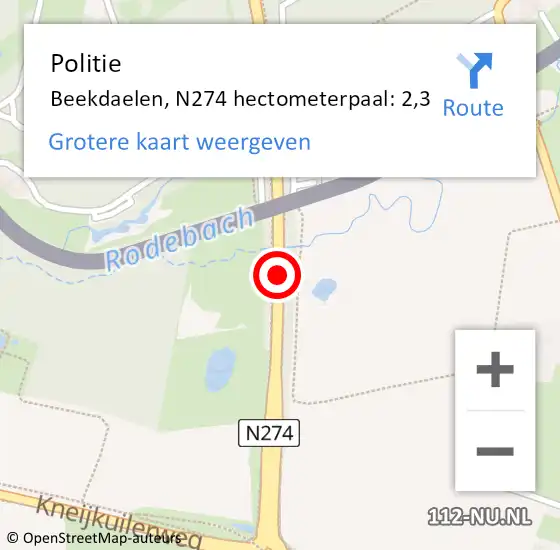 Locatie op kaart van de 112 melding: Politie Beekdaelen, N274 hectometerpaal: 2,3 op 23 november 2024 12:55