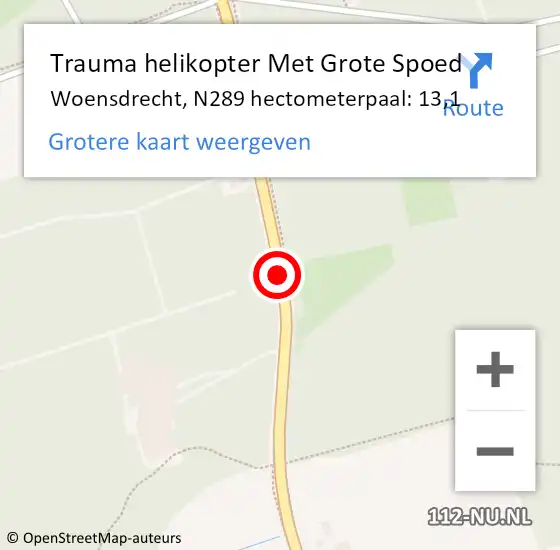 Locatie op kaart van de 112 melding: Trauma helikopter Met Grote Spoed Naar Woensdrecht, N289 hectometerpaal: 13,1 op 23 november 2024 13:07