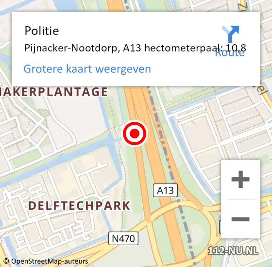 Locatie op kaart van de 112 melding: Politie Pijnacker-Nootdorp, A13 hectometerpaal: 10,8 op 23 november 2024 13:09