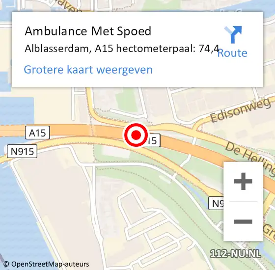 Locatie op kaart van de 112 melding: Ambulance Met Spoed Naar Alblasserdam, A15 hectometerpaal: 74,4 op 23 november 2024 14:06