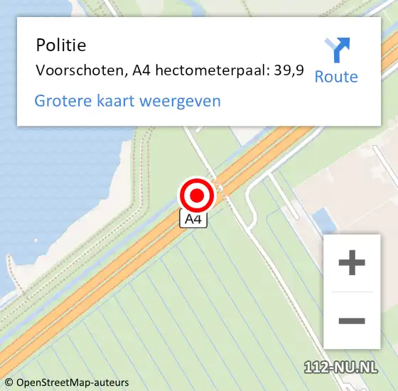 Locatie op kaart van de 112 melding: Politie Voorschoten, A4 hectometerpaal: 39,9 op 23 november 2024 14:09