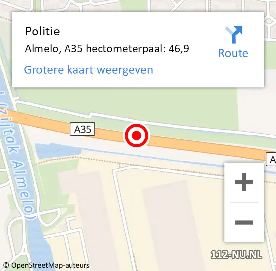 Locatie op kaart van de 112 melding: Politie Almelo, A35 hectometerpaal: 46,9 op 23 november 2024 14:36