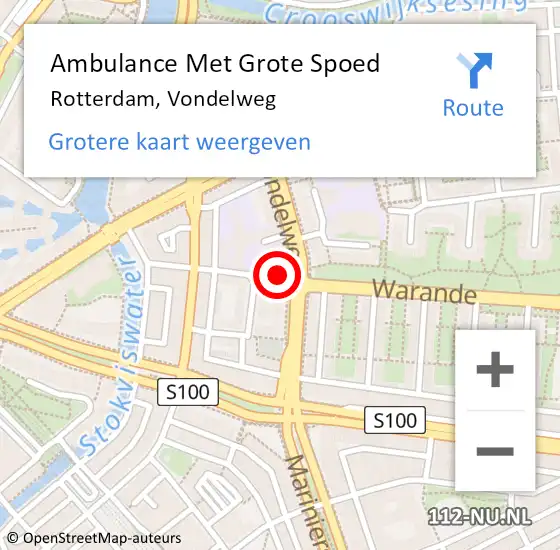 Locatie op kaart van de 112 melding: Ambulance Met Grote Spoed Naar Rotterdam, Vondelweg op 23 november 2024 16:58