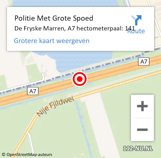 Locatie op kaart van de 112 melding: Politie Met Grote Spoed Naar De Fryske Marren, A7 hectometerpaal: 141 op 23 november 2024 17:07