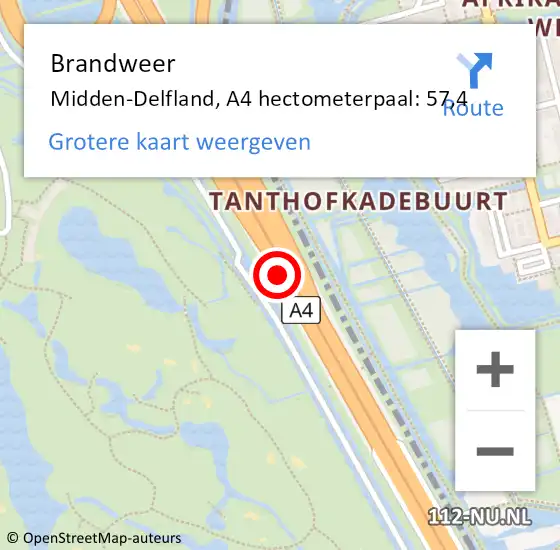 Locatie op kaart van de 112 melding: Brandweer Midden-Delfland, A4 hectometerpaal: 57,4 op 23 november 2024 17:17