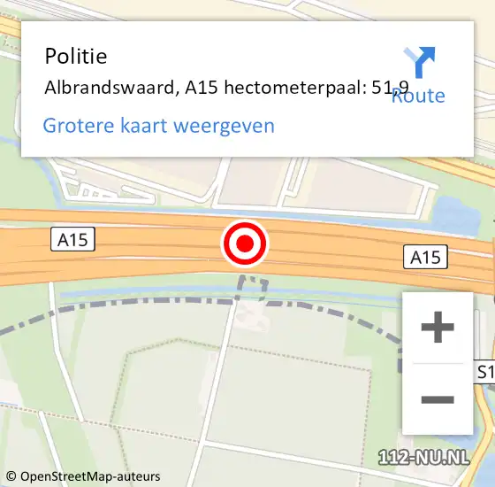 Locatie op kaart van de 112 melding: Politie Albrandswaard, A15 hectometerpaal: 51,9 op 23 november 2024 18:15