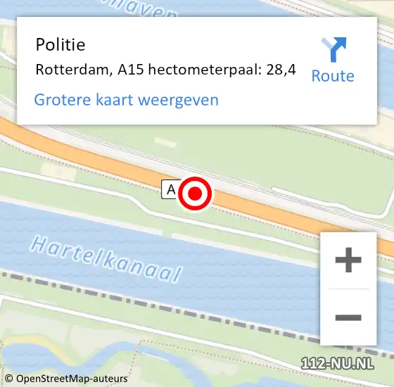 Locatie op kaart van de 112 melding: Politie Rotterdam, A15 hectometerpaal: 28,4 op 23 november 2024 20:27