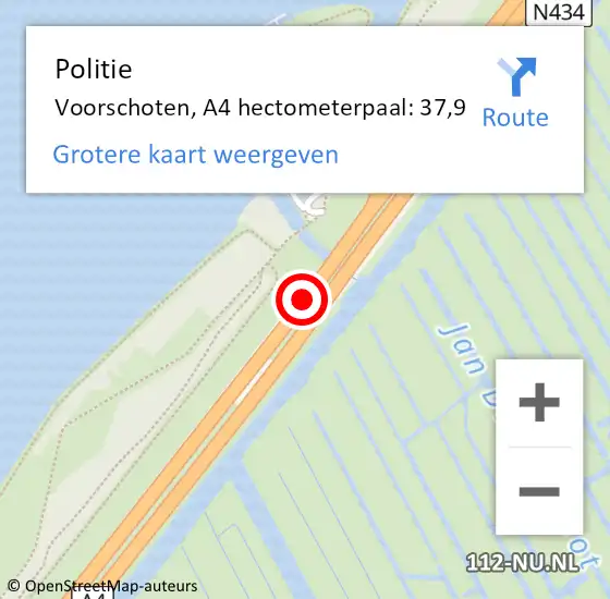 Locatie op kaart van de 112 melding: Politie Voorschoten, A4 hectometerpaal: 37,9 op 23 november 2024 23:40