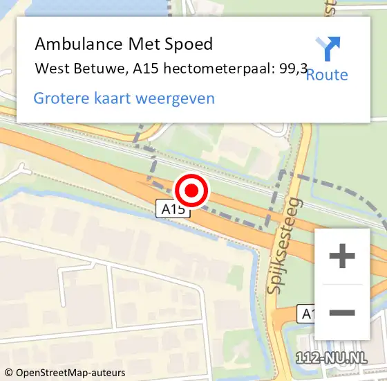 Locatie op kaart van de 112 melding: Ambulance Met Spoed Naar West Betuwe, A15 hectometerpaal: 99,3 op 24 november 2024 00:19