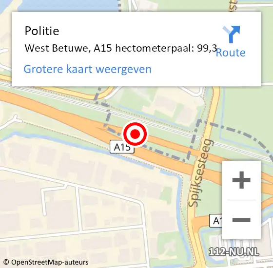 Locatie op kaart van de 112 melding: Politie West Betuwe, A15 hectometerpaal: 99,3 op 24 november 2024 00:19