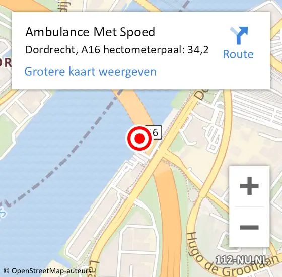 Locatie op kaart van de 112 melding: Ambulance Met Spoed Naar Dordrecht, A16 hectometerpaal: 34,2 op 24 november 2024 01:11