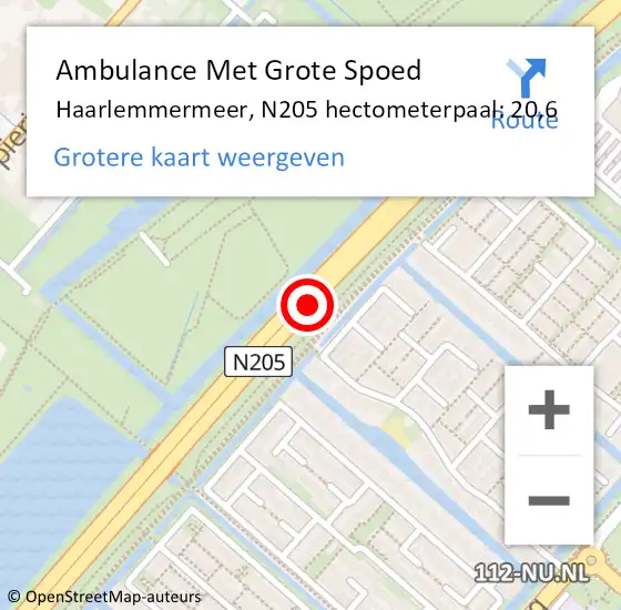 Locatie op kaart van de 112 melding: Ambulance Met Grote Spoed Naar Haarlemmermeer, N205 hectometerpaal: 20,6 op 24 november 2024 01:54