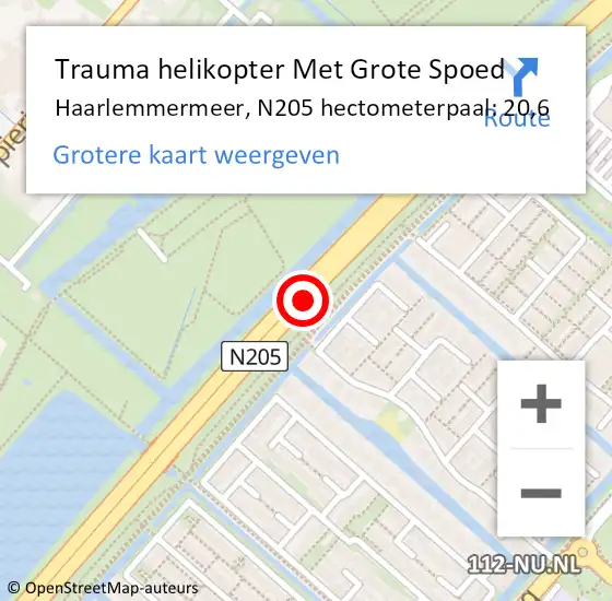 Locatie op kaart van de 112 melding: Trauma helikopter Met Grote Spoed Naar Haarlemmermeer, N205 hectometerpaal: 20,6 op 24 november 2024 01:55