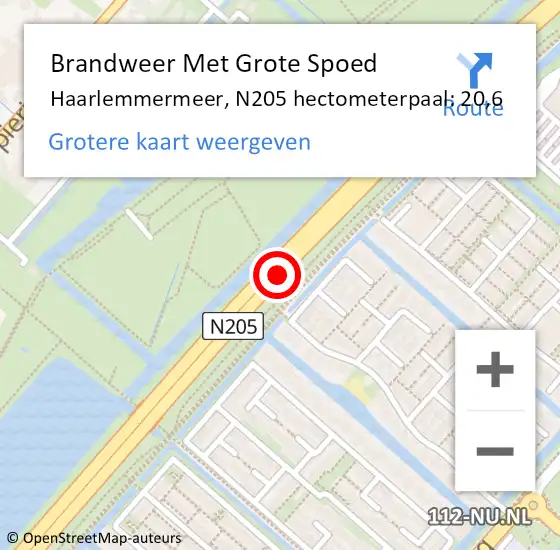 Locatie op kaart van de 112 melding: Brandweer Met Grote Spoed Naar Haarlemmermeer, N205 hectometerpaal: 20,6 op 24 november 2024 01:55