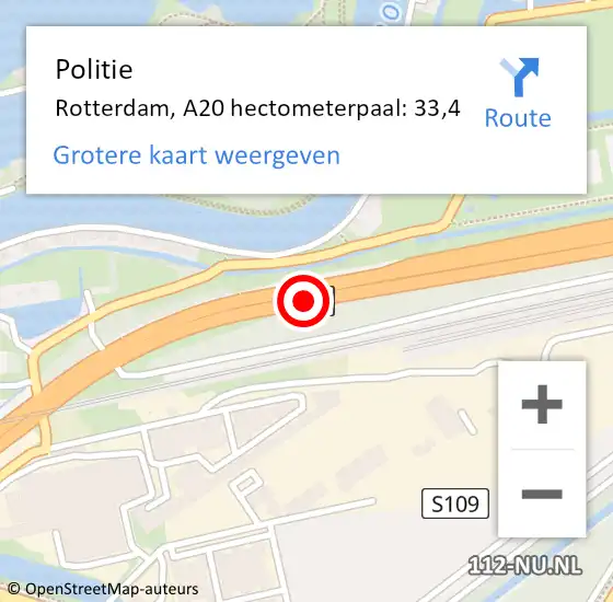 Locatie op kaart van de 112 melding: Politie Rotterdam, A20 hectometerpaal: 33,4 op 24 november 2024 03:34