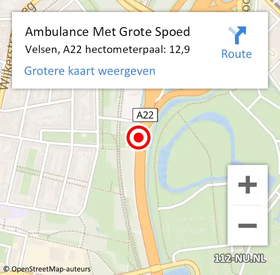 Locatie op kaart van de 112 melding: Ambulance Met Grote Spoed Naar Velsen, A22 hectometerpaal: 12,9 op 24 november 2024 03:58