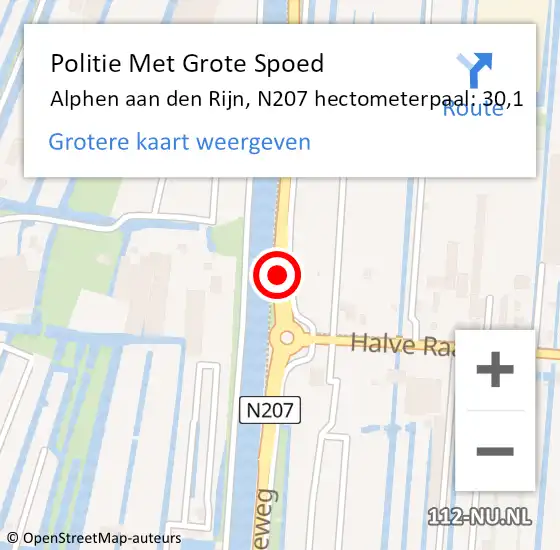 Locatie op kaart van de 112 melding: Politie Met Grote Spoed Naar Alphen aan den Rijn, N207 hectometerpaal: 30,1 op 24 november 2024 04:17