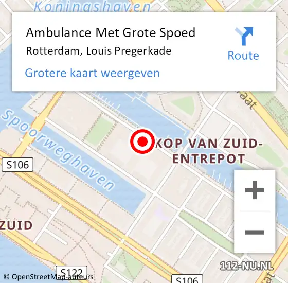 Locatie op kaart van de 112 melding: Ambulance Met Grote Spoed Naar Rotterdam, Louis Pregerkade op 24 november 2024 05:30