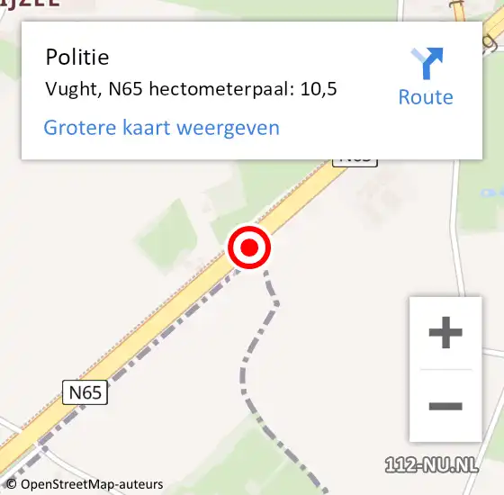 Locatie op kaart van de 112 melding: Politie Vught, N65 hectometerpaal: 10,5 op 24 november 2024 06:36