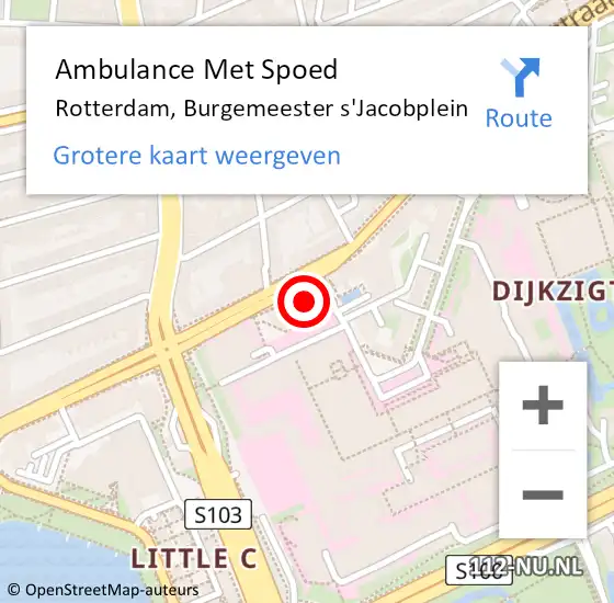 Locatie op kaart van de 112 melding: Ambulance Met Spoed Naar Rotterdam, Burgemeester s'Jacobplein op 24 november 2024 13:16