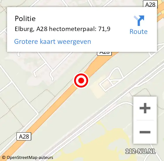 Locatie op kaart van de 112 melding: Politie Elburg, A28 hectometerpaal: 71,9 op 24 november 2024 16:59