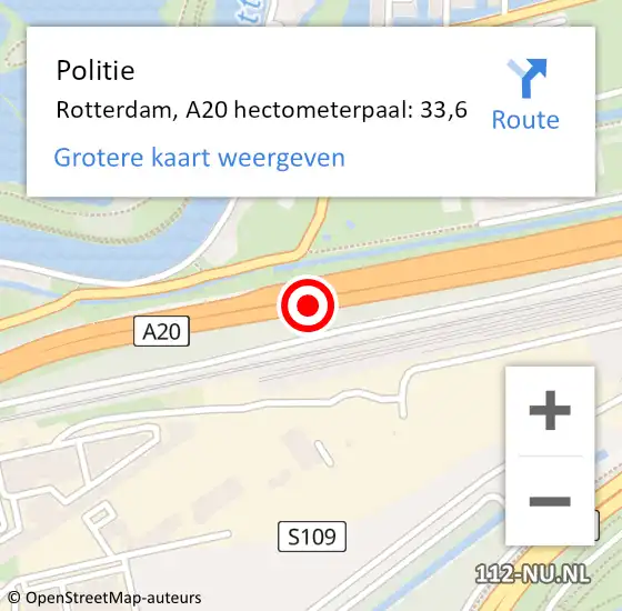 Locatie op kaart van de 112 melding: Politie Rotterdam, A20 hectometerpaal: 33,6 op 24 november 2024 17:43