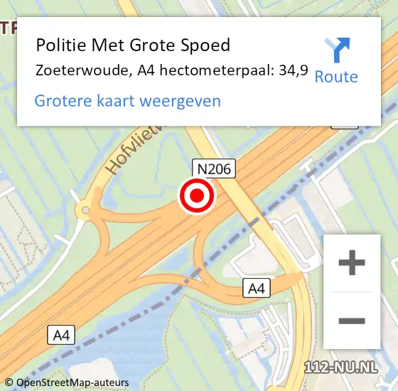 Locatie op kaart van de 112 melding: Politie Met Grote Spoed Naar Zoeterwoude, A4 hectometerpaal: 34,9 op 24 november 2024 18:19