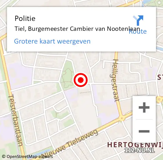 Locatie op kaart van de 112 melding: Politie Tiel, Burgemeester Cambier van Nootenlaan op 24 november 2024 18:24