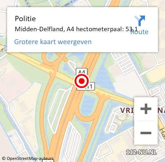 Locatie op kaart van de 112 melding: Politie Midden-Delfland, A4 hectometerpaal: 53,1 op 24 november 2024 21:51