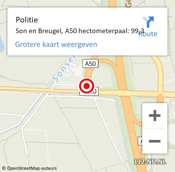 Locatie op kaart van de 112 melding: Politie Son en Breugel, A50 hectometerpaal: 99,3 op 24 november 2024 23:10