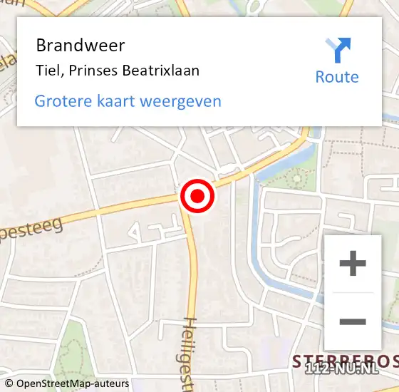 Locatie op kaart van de 112 melding: Brandweer Tiel, Prinses Beatrixlaan op 25 november 2024 00:51