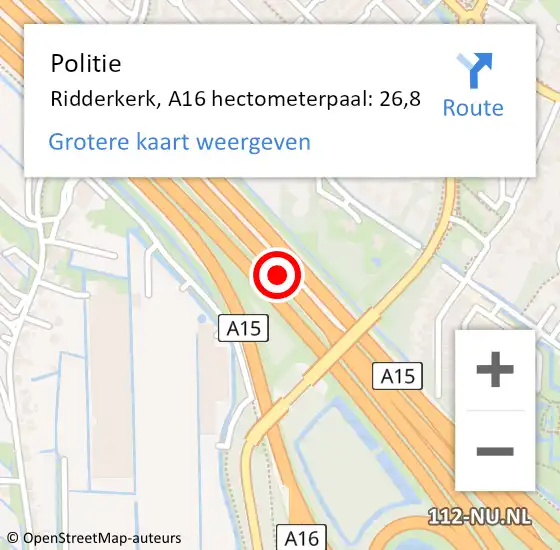 Locatie op kaart van de 112 melding: Politie Ridderkerk, A16 hectometerpaal: 26,8 op 25 november 2024 01:25