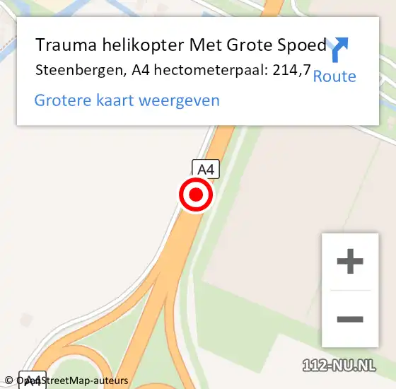 Locatie op kaart van de 112 melding: Trauma helikopter Met Grote Spoed Naar Steenbergen, A4 hectometerpaal: 214,7 op 25 november 2024 04:15