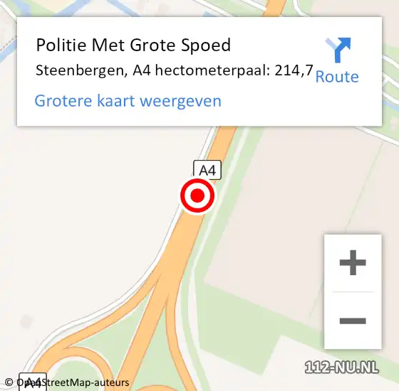 Locatie op kaart van de 112 melding: Politie Met Grote Spoed Naar Steenbergen, A4 hectometerpaal: 214,7 op 25 november 2024 04:18