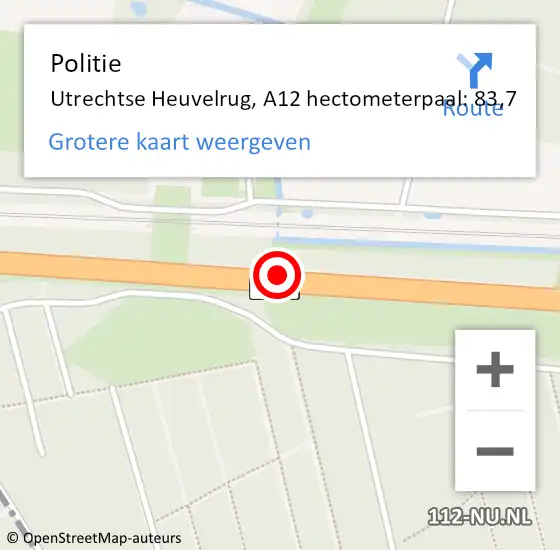 Locatie op kaart van de 112 melding: Politie Utrechtse Heuvelrug, A12 hectometerpaal: 83,7 op 25 november 2024 06:09